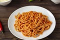 Spaghetti bolognese pasta with tomato sauce and minced meat, grated parmesan cheese and fresh basil Royalty Free Stock Photo