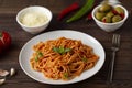 Spaghetti bolognese pasta with tomato sauce and minced meat, grated parmesan cheese and fresh basil Royalty Free Stock Photo