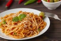 Spaghetti bolognese pasta with tomato sauce and minced meat, grated parmesan cheese and fresh basil Royalty Free Stock Photo