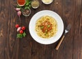 Spaghetti bolognese pasta with tomato sauce and minced meat, parmesan cheese and fresh basil - homemade italian pasta on Royalty Free Stock Photo