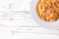 Spaghetti bolognese pasta with tomato sauce, vegetables and chicken meat on white wooden rustic background. Traditional italian fo Royalty Free Stock Photo