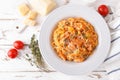 Spaghetti bolognese pasta with tomato sauce, vegetables and chicken meat on white wooden rustic background. Traditional italian fo Royalty Free Stock Photo