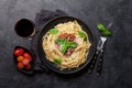 Spaghetti bolognese pasta and wine Royalty Free Stock Photo