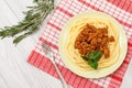 Spaghetti bolognese on a plate with metal fork Royalty Free Stock Photo