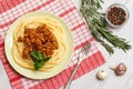 Spaghetti bolognese on a plate and a napkin with a metal fork Royalty Free Stock Photo