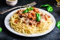 Spaghetti with bolognese sauce and parmesan cheese Royalty Free Stock Photo