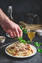 Spaghetti with bolognese sauce and grated parmesan cheese Royalty Free Stock Photo