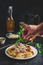 Spaghetti with bolognese sauce and grated parmesan cheese Royalty Free Stock Photo