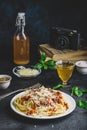 Spaghetti with bolognese sauce, parmesan and basil Royalty Free Stock Photo