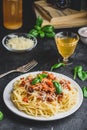 Spaghetti with bolognese sauce, parmesan and basil Royalty Free Stock Photo