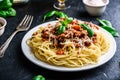 Spaghetti with bolognese sauce and parmesan cheese Royalty Free Stock Photo
