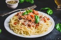 Spaghetti with bolognese sauce and parmesan cheese Royalty Free Stock Photo