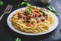 Spaghetti with bolognese sauce and parmesan cheese Royalty Free Stock Photo