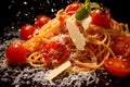 spaghetti bolognese, tomato, cheese, classic italian food close up