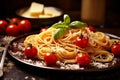spaghetti bolognese, tomato, cheese, classic italian food closeup on a black plate
