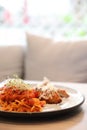 Spaghetti bolognese tomato sauce with fried chicken Royalty Free Stock Photo