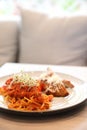 Spaghetti bolognese tomato sauce with fried chicken Royalty Free Stock Photo