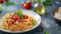 Spaghetti Bolognese in a white plate on black slate background. Italian pasta with minced beef sauce, tomatoes, parmesan Royalty Free Stock Photo