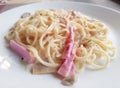 Spaghetti Cabonara, an Italian food is very famous in western style restaurant Royalty Free Stock Photo
