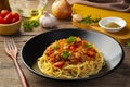 Spaghetti with canned tuna fish in tomato sauce, pasta with a meat based bolognese tomatoes Royalty Free Stock Photo