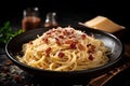 Spaghetti Carbonara with bacon and parmesan on black background