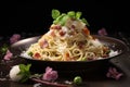 Spaghetti carbonara with bacon, parmesan cheese and green peas, cream sauce. dark background