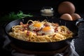 spaghetti carbonara in a black cast iron skillet, with eggs, cheese and bacon