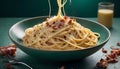 Spaghetti carbonara on ceramic bowl with bacon bits and grated Royalty Free Stock Photo
