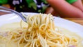 The spaghetti carbonara on the fork with fried cheese in a white plate Royalty Free Stock Photo