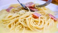 The spaghetti carbonara with fried cheese in a white plate on the table Royalty Free Stock Photo
