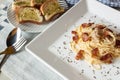 Spaghetti Carbonara and garlic bread Royalty Free Stock Photo