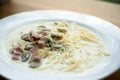 Spaghetti Carbonara with ham mushroom Cream Sauce Italian food selective focus close up Royalty Free Stock Photo