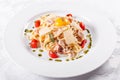 Spaghetti Carbonara. Italian Pasta on white plate with parmesan, ham and yolk Royalty Free Stock Photo