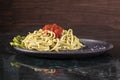 Spaghetti carbonara on marble plate. Royalty Free Stock Photo