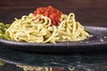Spaghetti carbonara on marble plate. Royalty Free Stock Photo