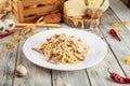 Spaghetti carbonara pasta with ham and parmesan Royalty Free Stock Photo