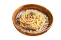 Spaghetti Carbonara pasta with pancetta, egg, hard parmesan cheese and cream sauce. Isolated on white background, Top Royalty Free Stock Photo