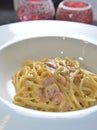 Spaghetti Carbonara salmon Royalty Free Stock Photo