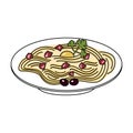 Spaghetti with Carbonara sauce. Doodle style. Vector graphics.