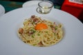 Spaghetti carbonara , selective focus Royalty Free Stock Photo