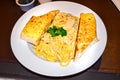 Spaghetti Carbonara and garlic bread Royalty Free Stock Photo