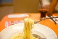 Spaghetti carbonara on the white plate