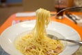Spaghetti carbonara on the white plate