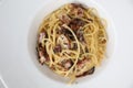 Spaghetti carbonara , Spaghetti white sauce with cheese bacon in outdoor restaurant italian food Royalty Free Stock Photo