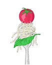 Spaghetti with cherry tomato and Basil leaf on a fork.