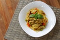 Spaghetti chicken with Green Curry Sauce , Thai Food ,Spaghetti Khiao Waan Gai Royalty Free Stock Photo