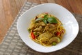 Spaghetti chicken with Green Curry Sauce , Thai Food ,Spaghetti Khiao Waan Gai Royalty Free Stock Photo