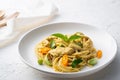 Spaghetti chicken with Green Curry Sauce , Thai Food ,Spaghetti Khiao Waan Gai Royalty Free Stock Photo