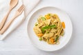 Spaghetti chicken with Green Curry Sauce , Thai Food ,Spaghetti Khiao Waan Gai.Top view Royalty Free Stock Photo