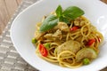 Spaghetti chicken with Green Curry Sauce , Thai Food ,Spaghetti Khiao Waan Gai